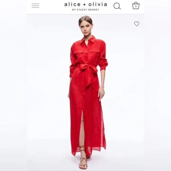 ALICE & OLIVIA KFARA UNEN MAXI SHIRT RED DRESS SIZE SMALL - Picture 3 of 5